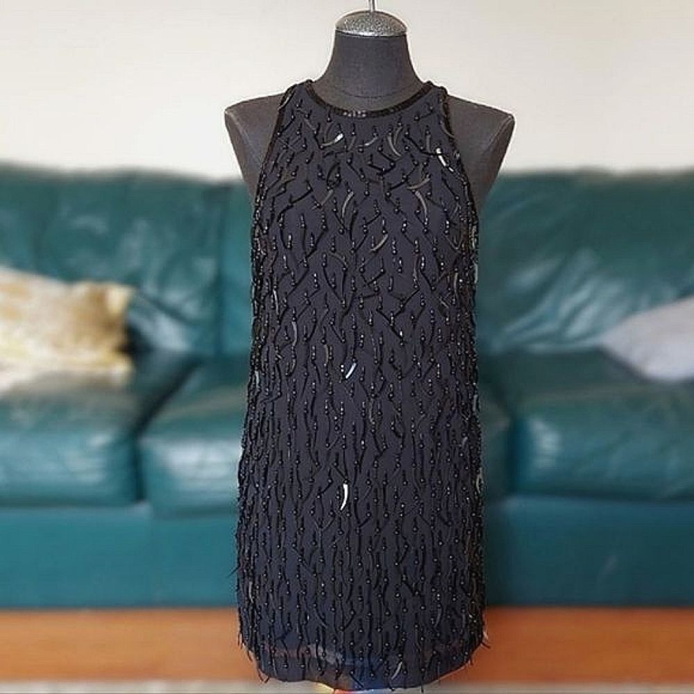 Club Monaco black Triete sleeveless sequin fringe mini shift dress